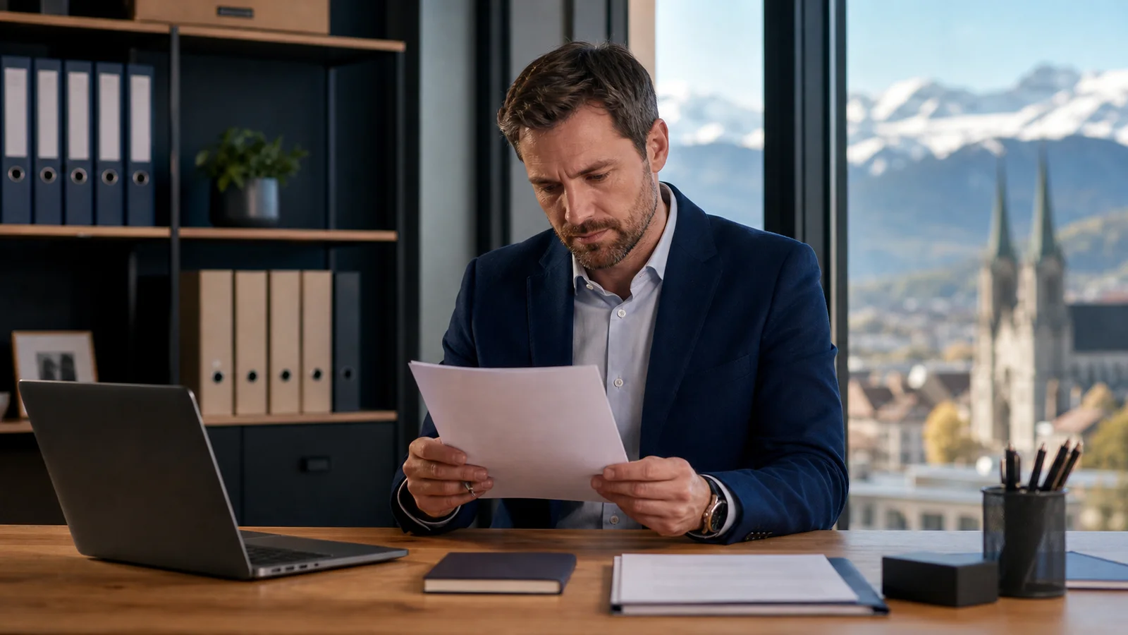 Recruteur suisse examinant une annonce d'emploi dans un bureau