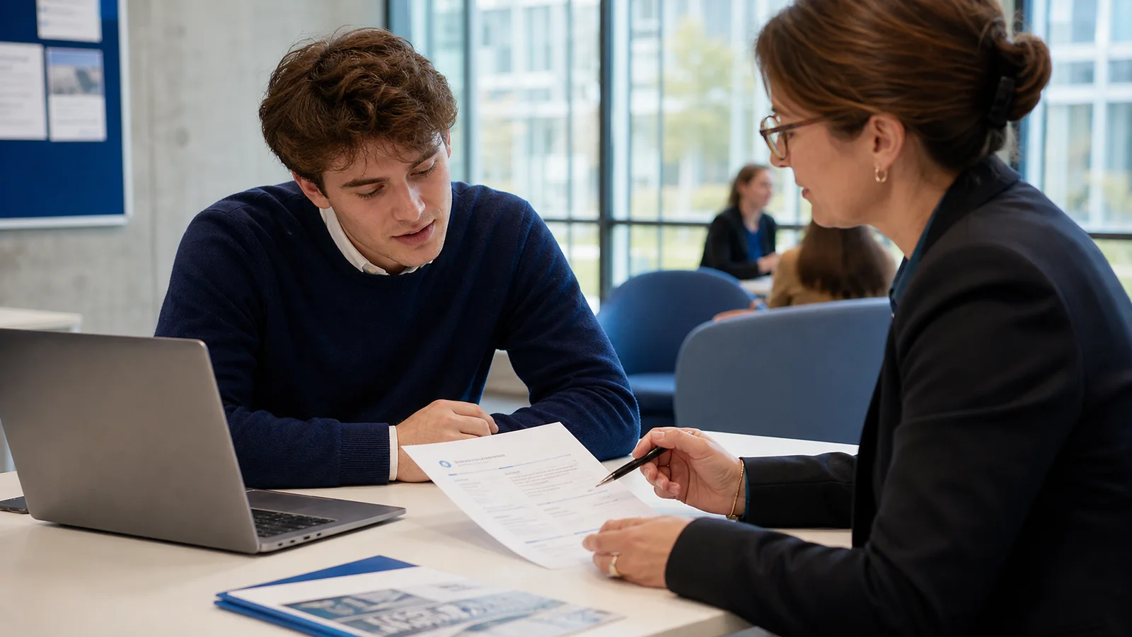 Jeune diplômé préparant son premier CV suisse avec une conseillère