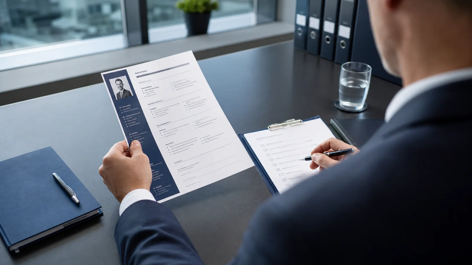 Recruteur suisse vérifiant un CV à l'aide d'une checklist