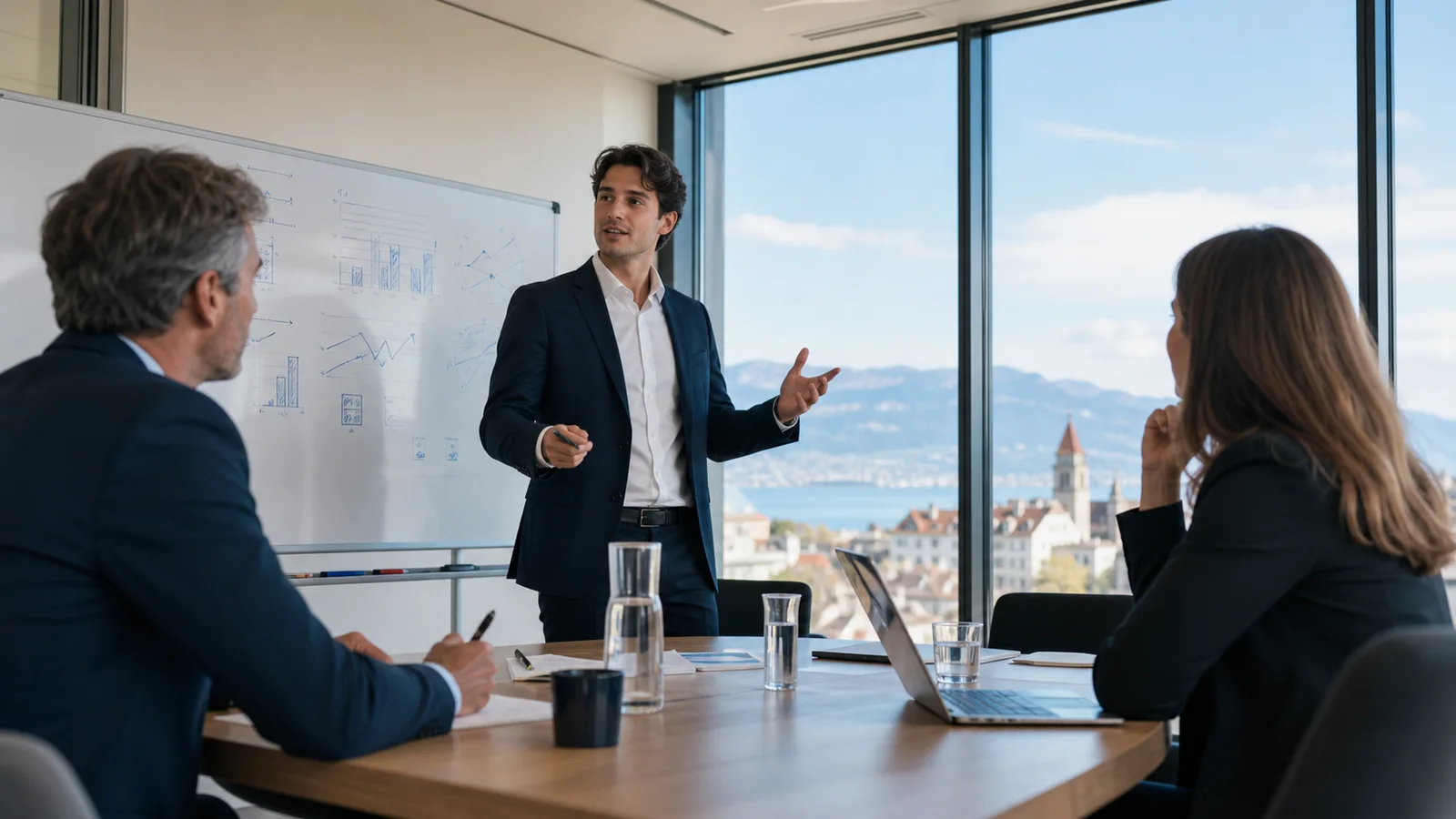 Candidat commercial présentant sa stratégie à des recruteurs à Lausanne