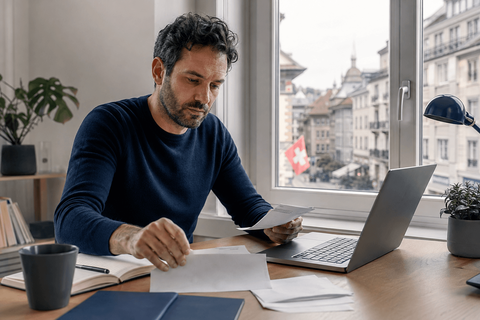 Un homme examine ses documents bancaires à domicile.
