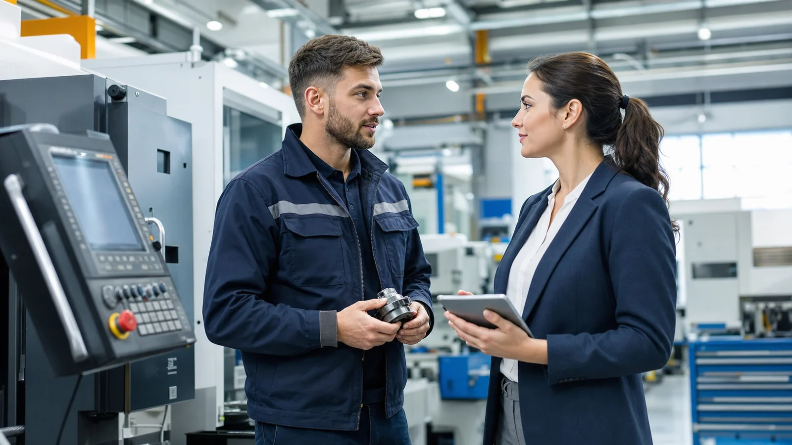 Recruteur suisse échangeant avec un technicien expérimenté en industrie