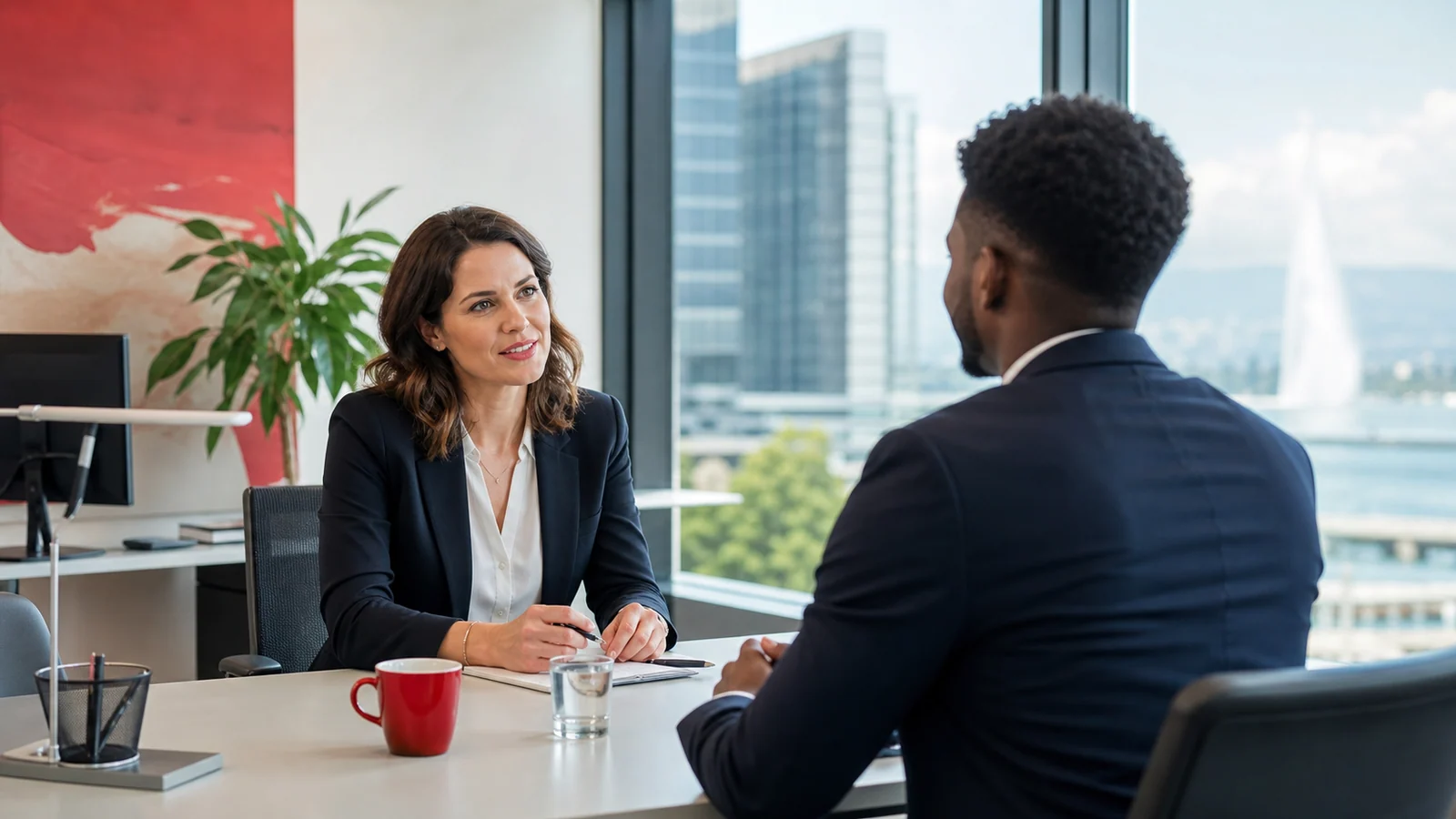 Entretien de recrutement dans un bureau professionnel à Genève
