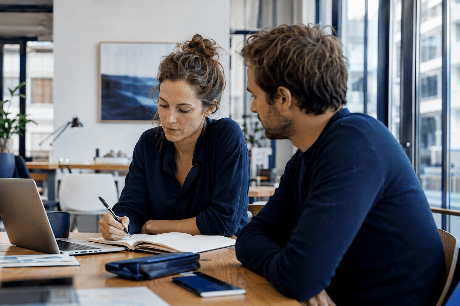 Deux entrepreneurs préparent leur projet professionnel dans un bureau suisse lumineux.