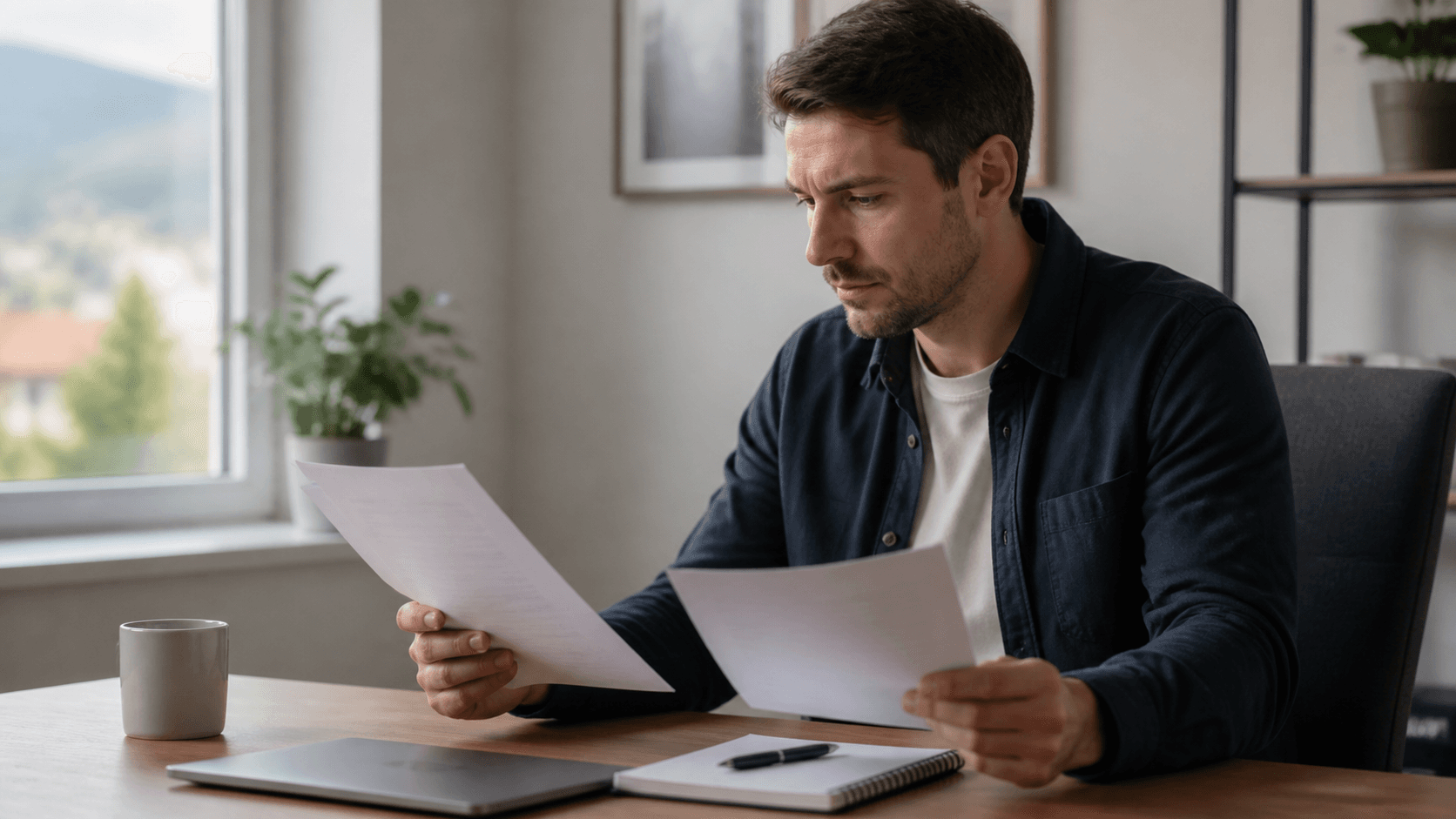 Candidate vérifiant une annonce d’emploi avec une checklist et un bouclier