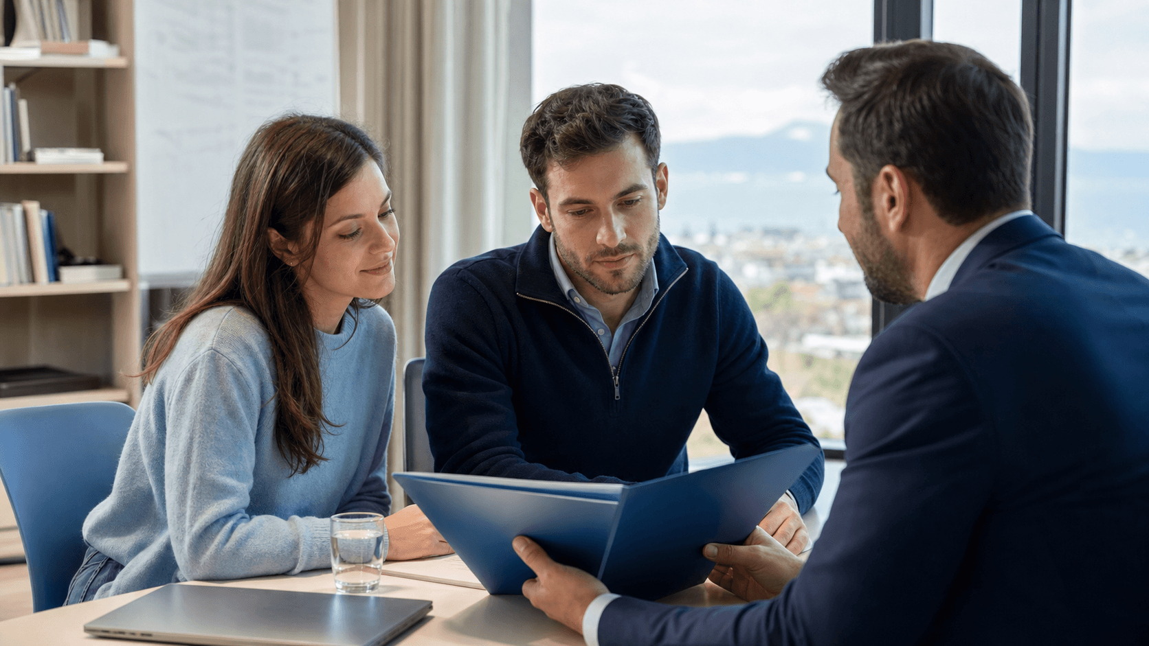 Couple echangeant avec un conseiller sur la LAMal en Suisse