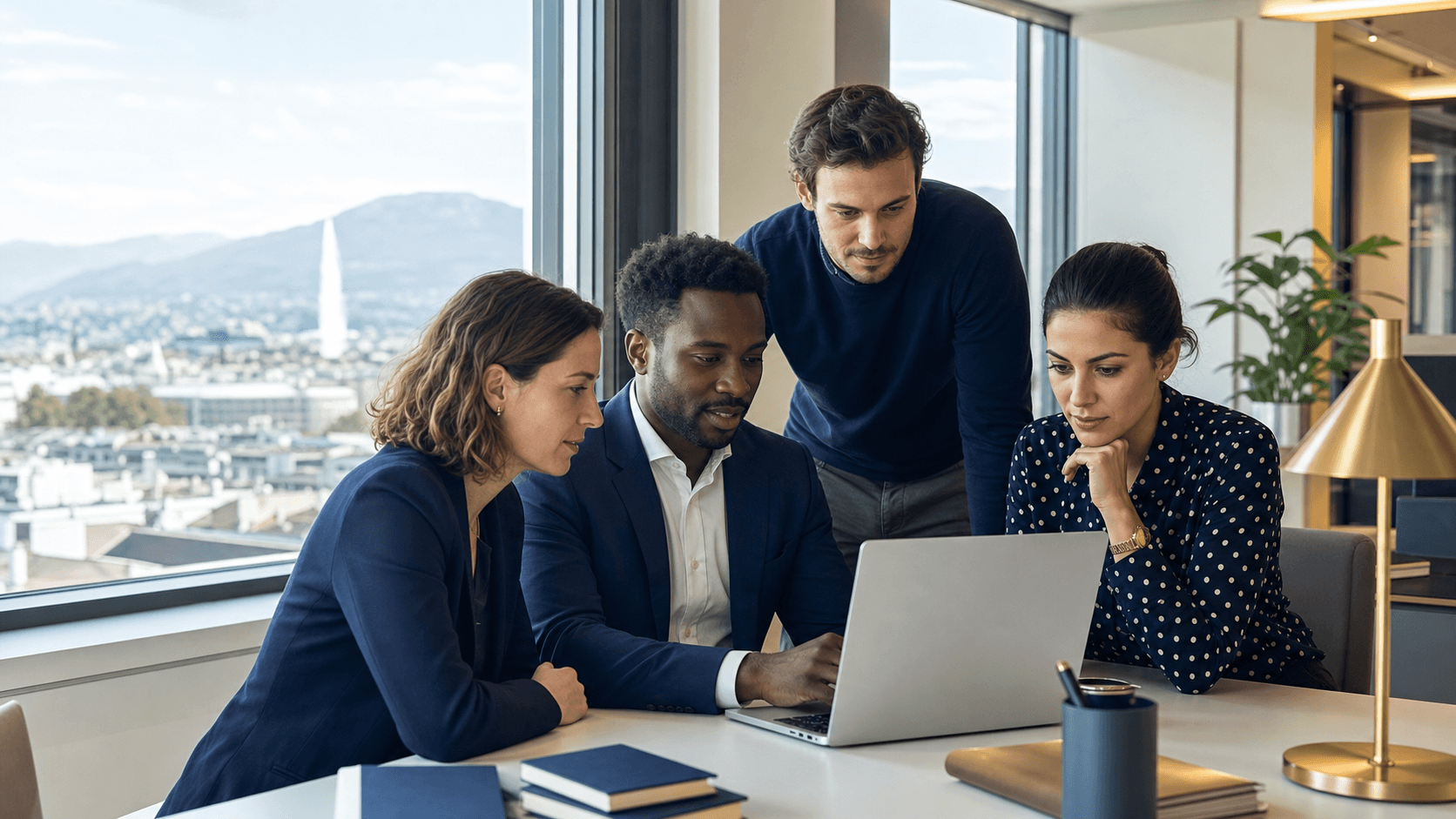 Equipe professionnelle preparant une offre d emploi en Suisse a Geneve