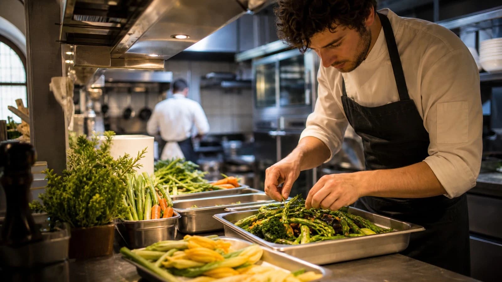 Cuisinier préparant des légumes dans une cuisine professionnelle vaudoise