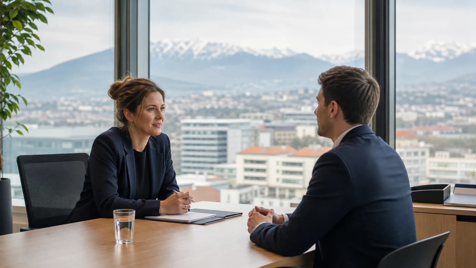 Candidate en entretien d'embauche avec un recruteur en Suisse romande