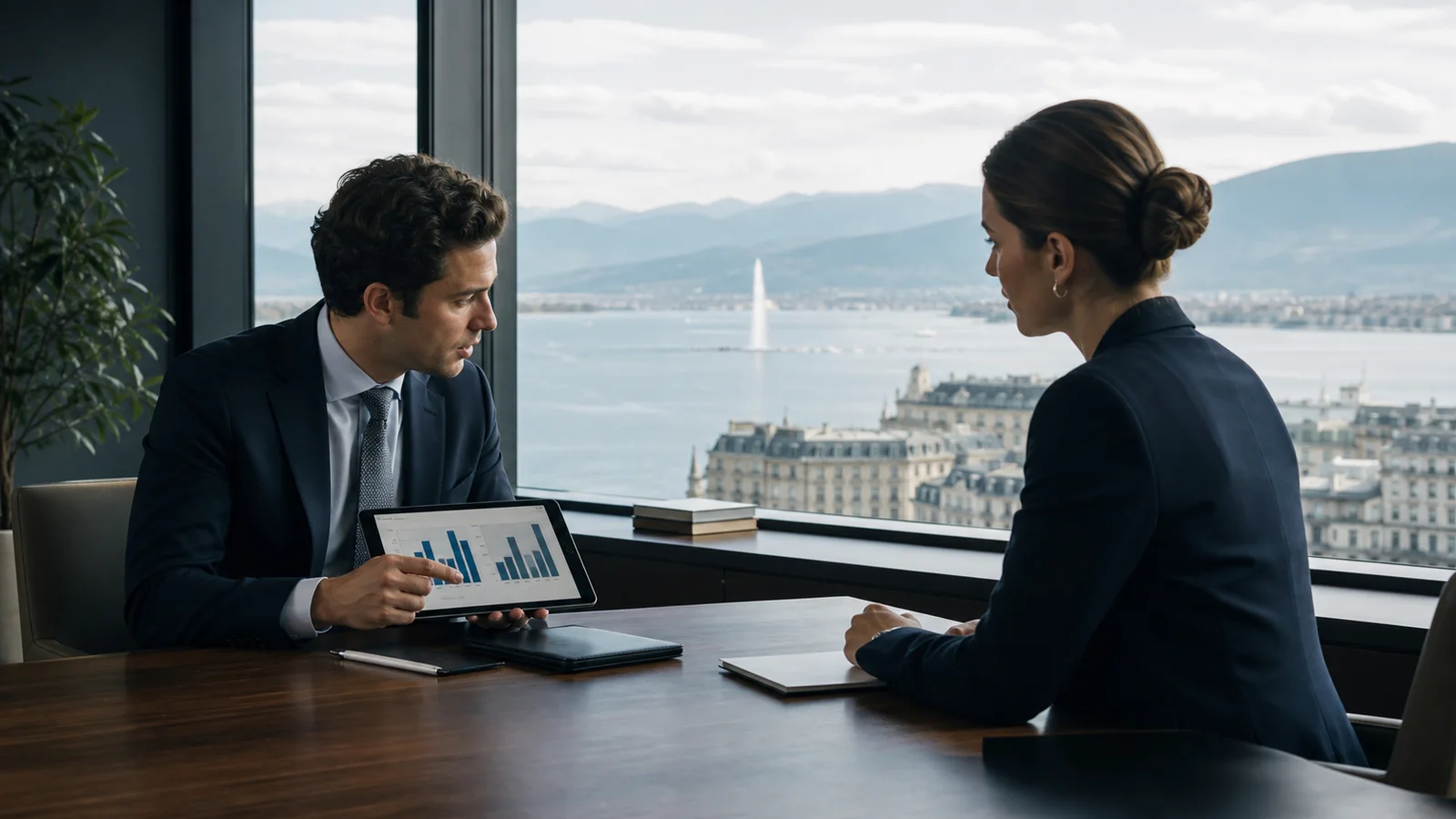 Entretien de recrutement dans la finance face au lac Léman à Genève