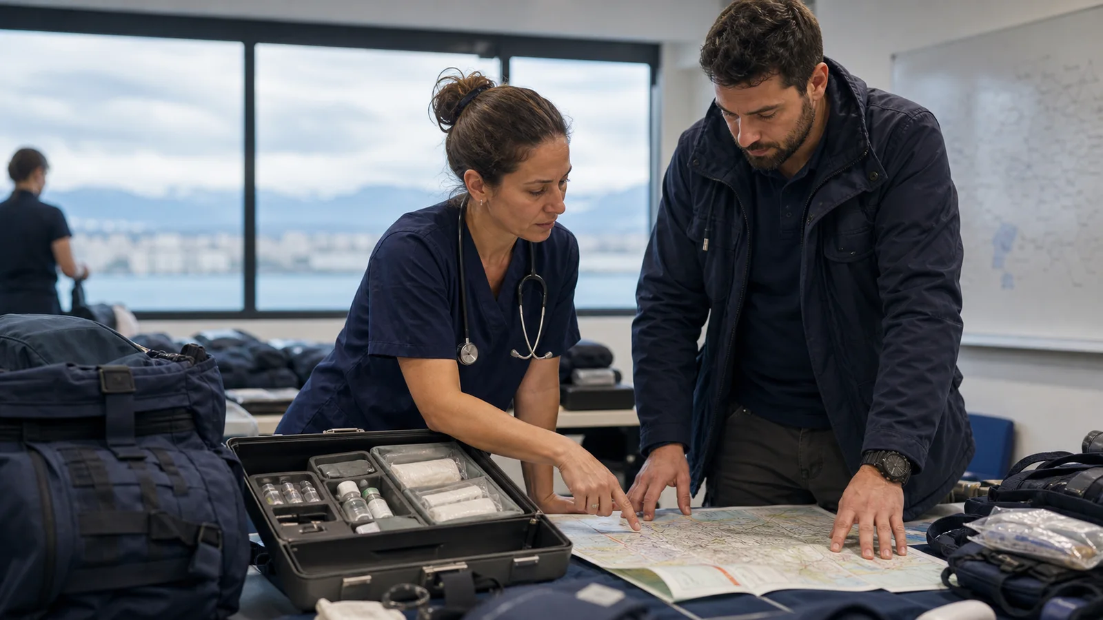 Professionnels préparant une mission humanitaire de terrain en Suisse