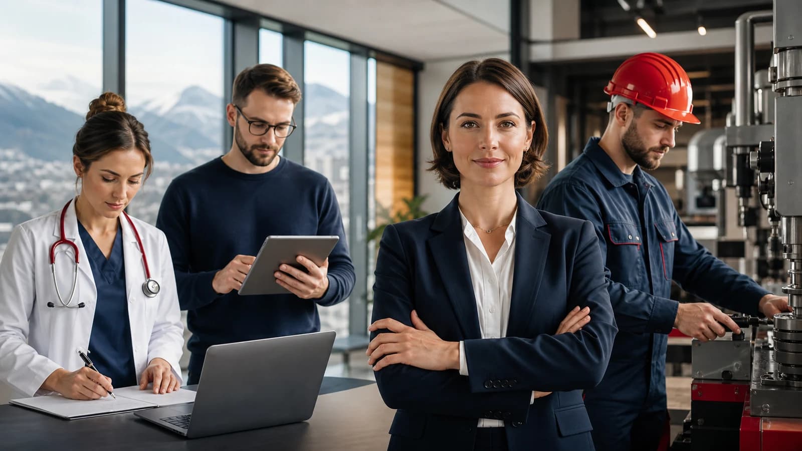 Scène professionnelle suisse dédiée à l'article Salaire moyen Suisse 2026 par secteur : finance, santé, tech, industrie