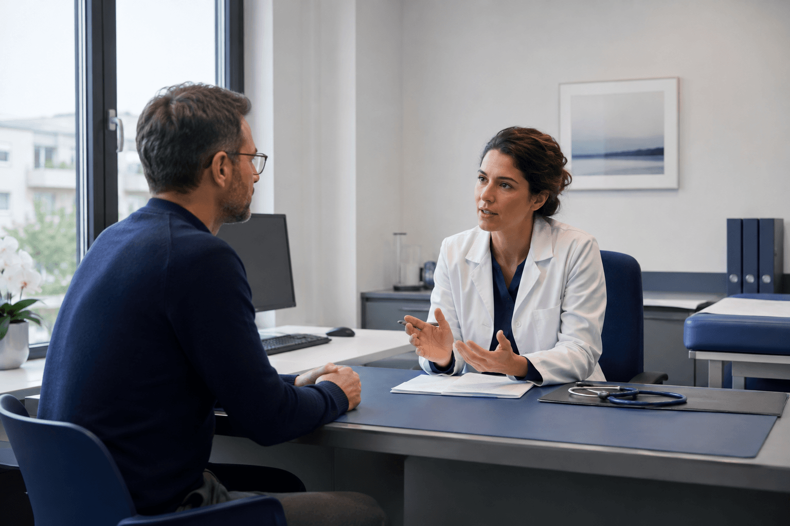 Discussion autour de documents d’assurance maladie dans un cabinet suisse.