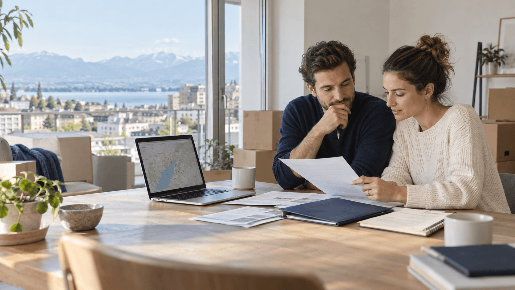Couple préparant son installation en Suisse avec ses documents et un ordinateur