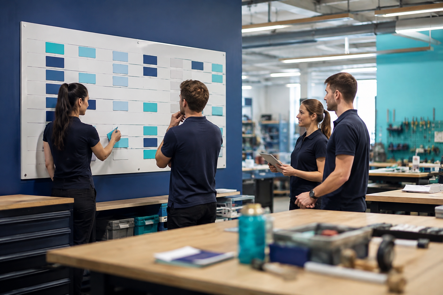Une équipe organise les affectations sur un tableau de planning dans un atelier.