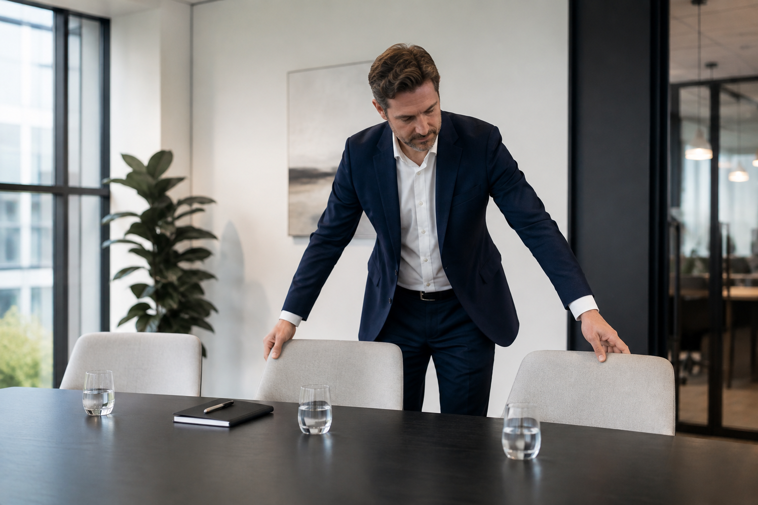 Un responsable prépare les sièges d'une salle pour recevoir des candidats.