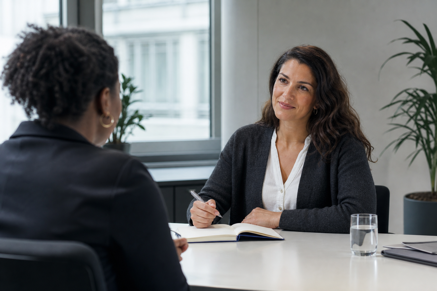 Une candidate prépare un entretien avec une interlocutrice.