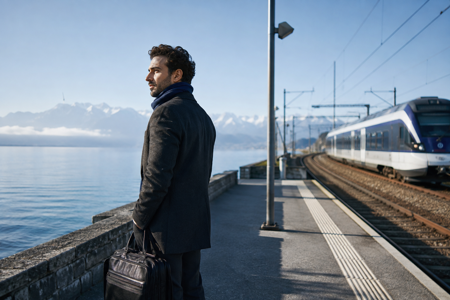 Une personne attend un train sur un quai au bord du Léman.