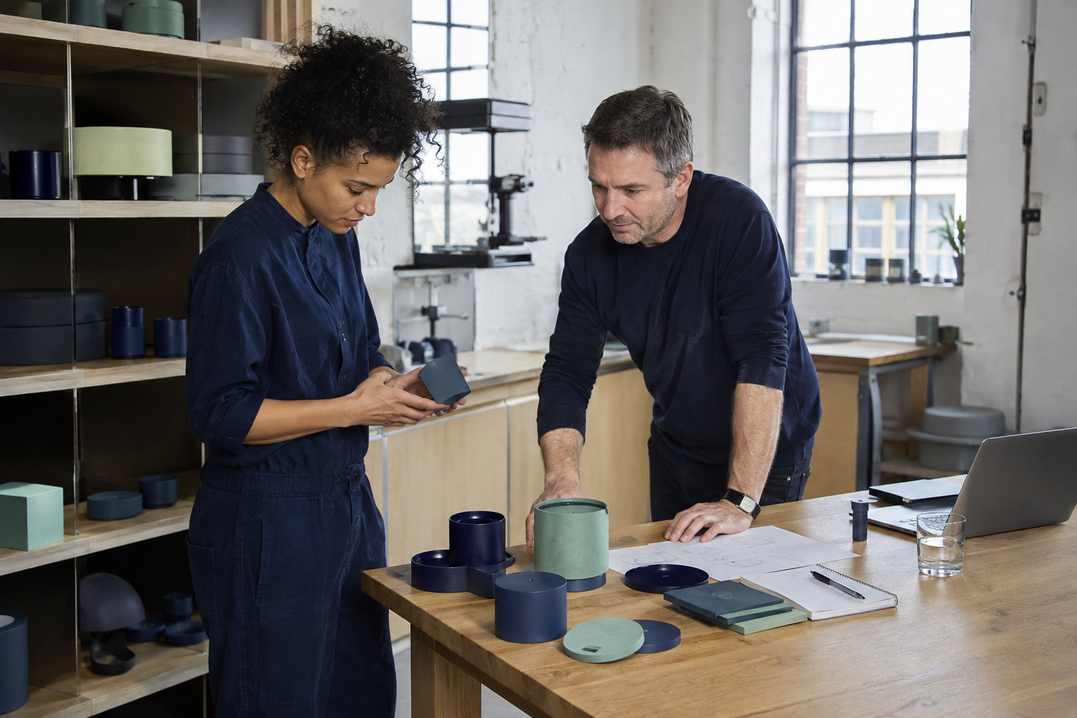 Deux entrepreneurs examinent des échantillons dans un atelier de design.