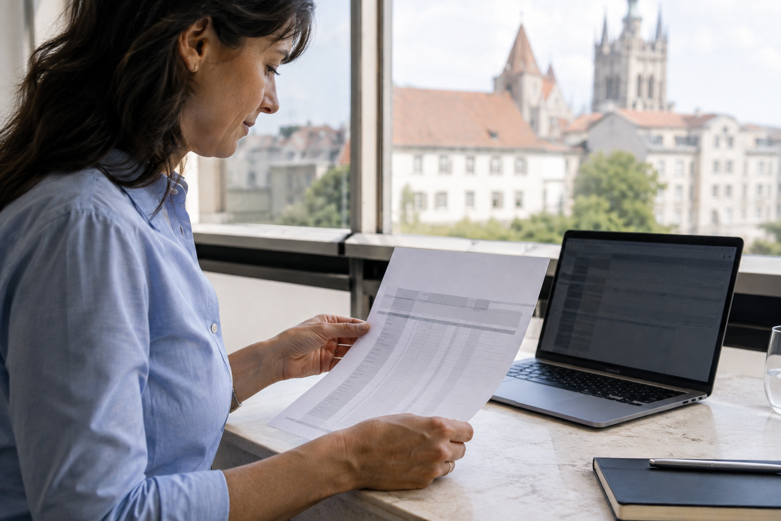 Une professionnelle examine un décompte de paie devant une fenêtre à Lausanne.